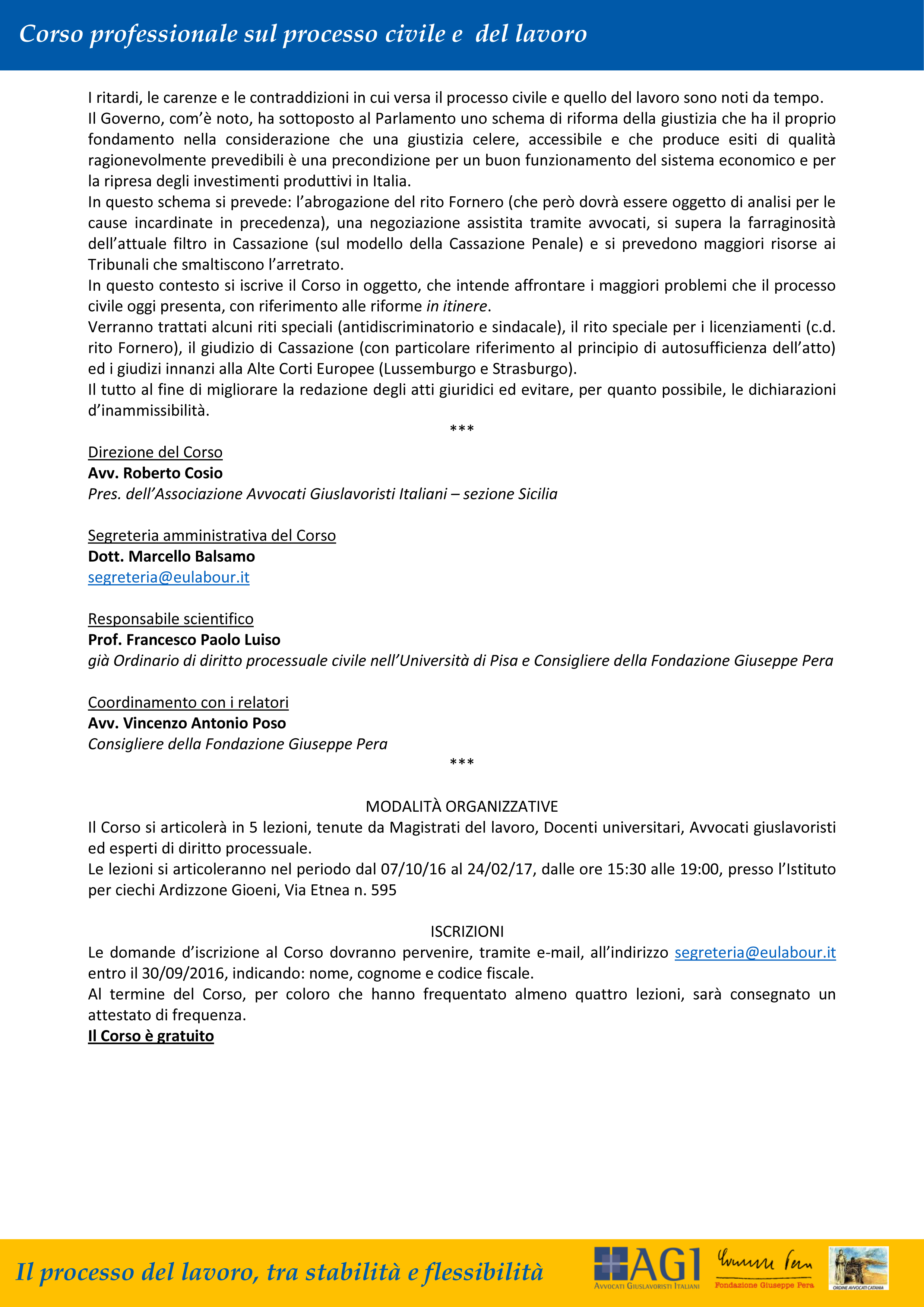 1-Corso professionale sul processo civile e del lavoro, Catania 7/10/16 - 24/02/17