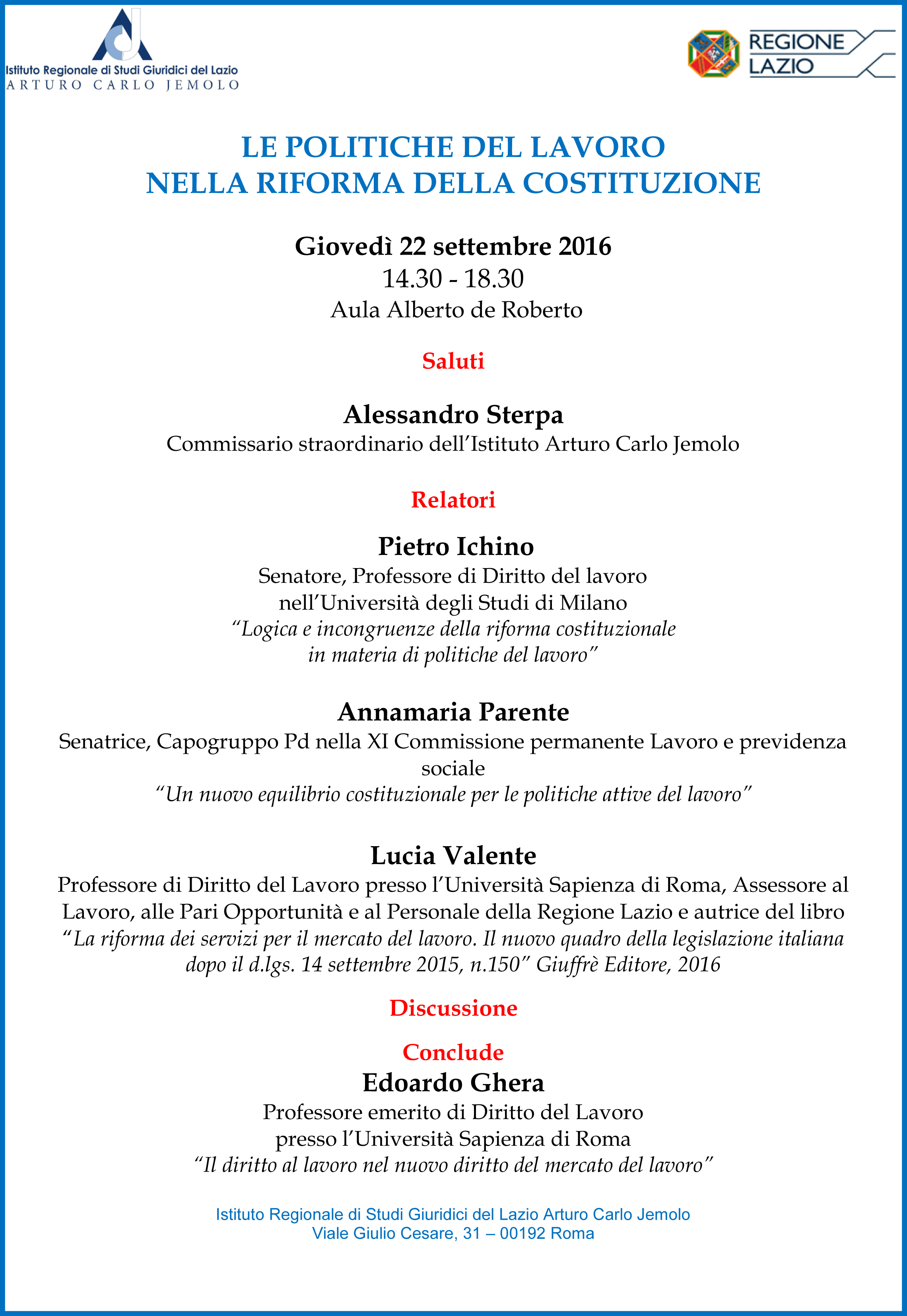 Le politiche del lavoro della riforma della Costituzione. Roma, 22 settembre 2016