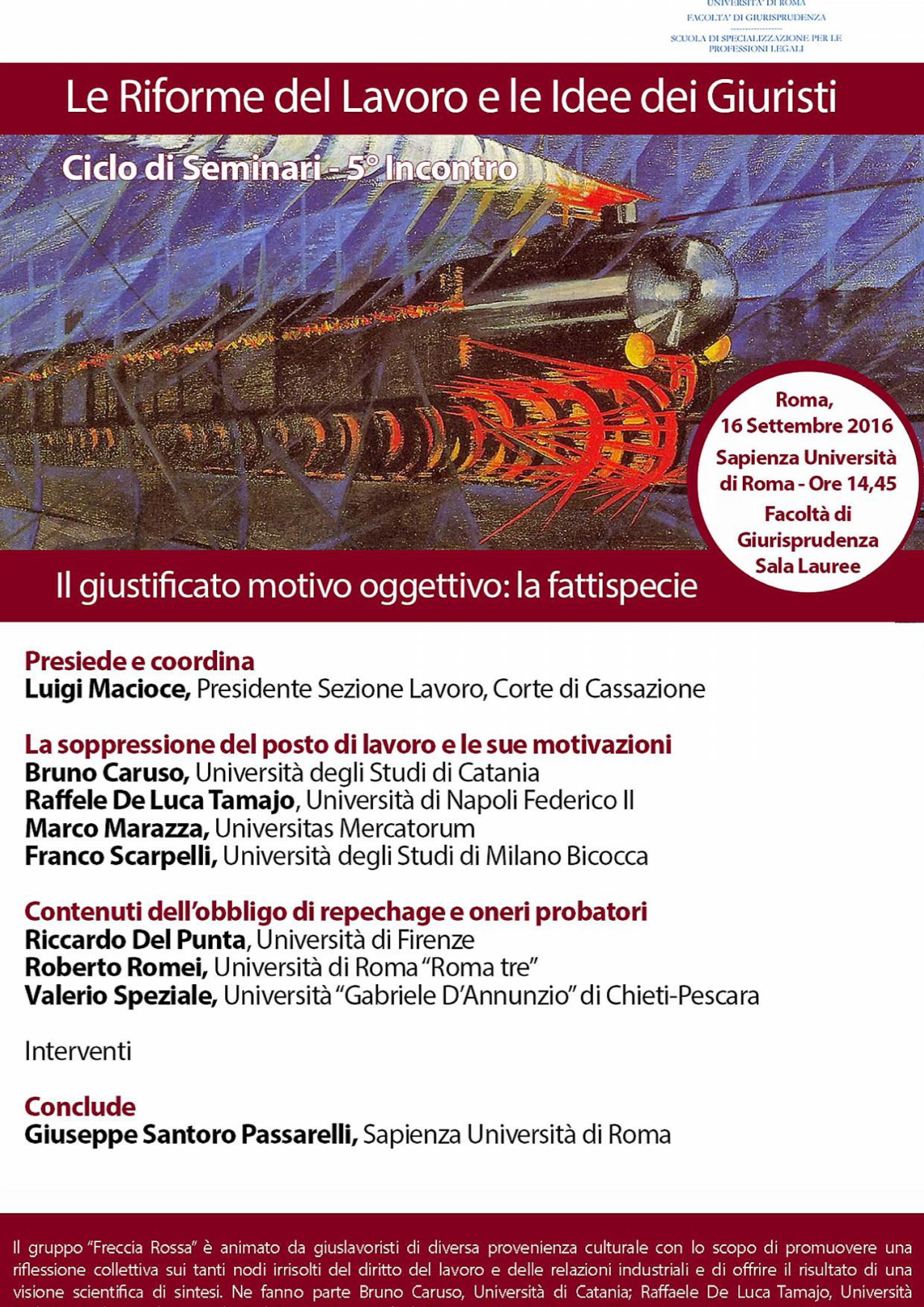 Seminario "Il giustificato motivo oggettivo: la fattispecie". Roma, 16 settembre 2016