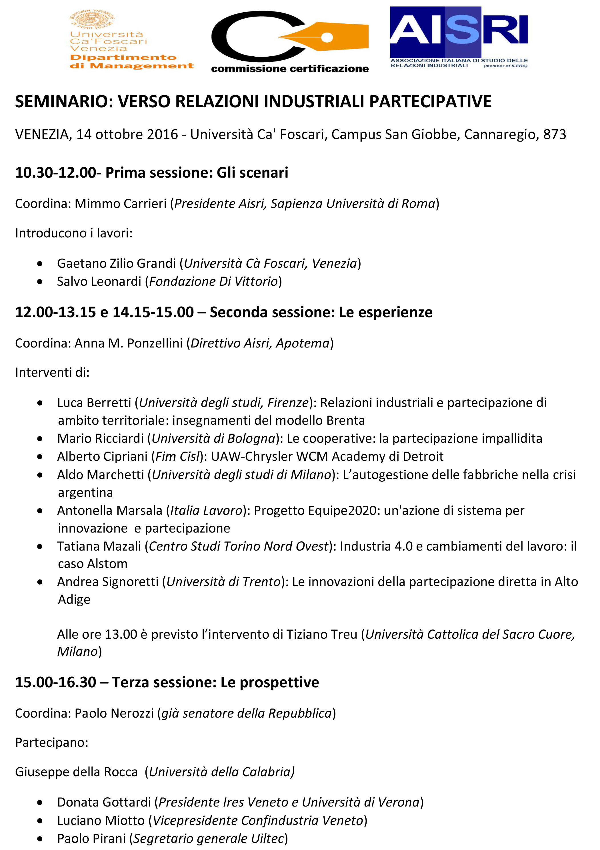 Verso relazioni industriali partecipative. Venezia, 14 ottobre 2016